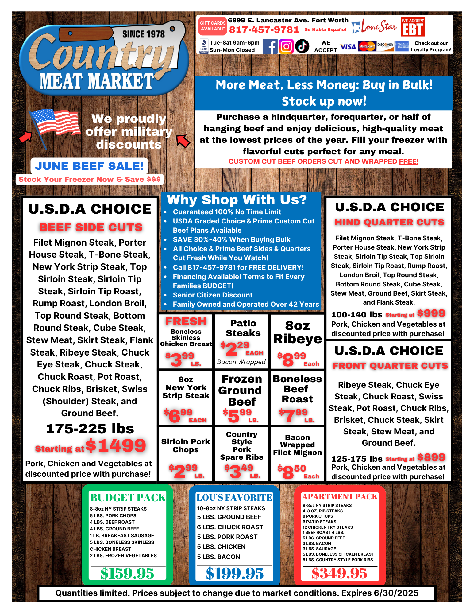 A page of meat market menu with different cuts.